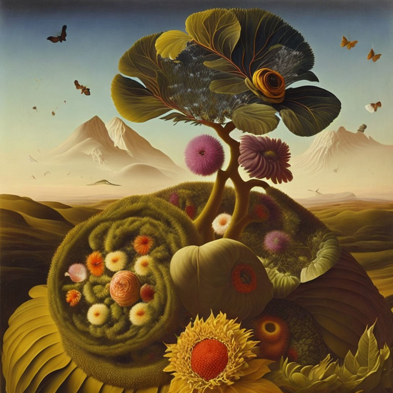 Surrealistic painting of nature and fantasy with flower-like trees, lush hills, butterflies, and