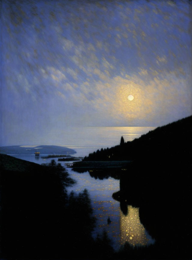 Nocturnal landscape with full moon, water reflection, hills, trees, and sailing ship