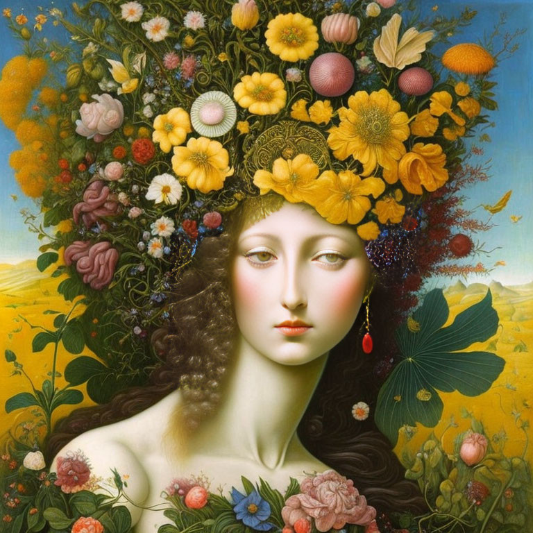 Vibrant surreal portrait of a woman with floral headpiece in vivid landscape