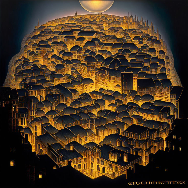 Golden Monochrome Night Cityscape with Spherical Architecture