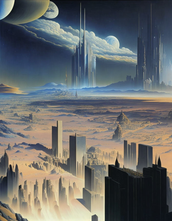 Futuristic sci-fi landscape with towering cities and celestial bodies