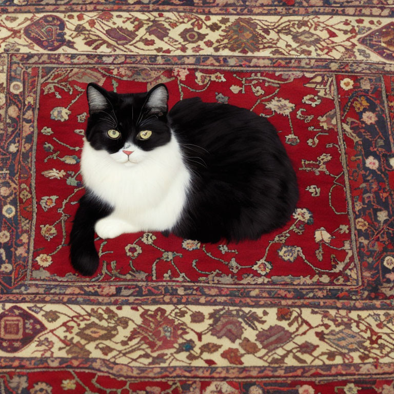 Black and white cat with unique facial markings on red ornate rug