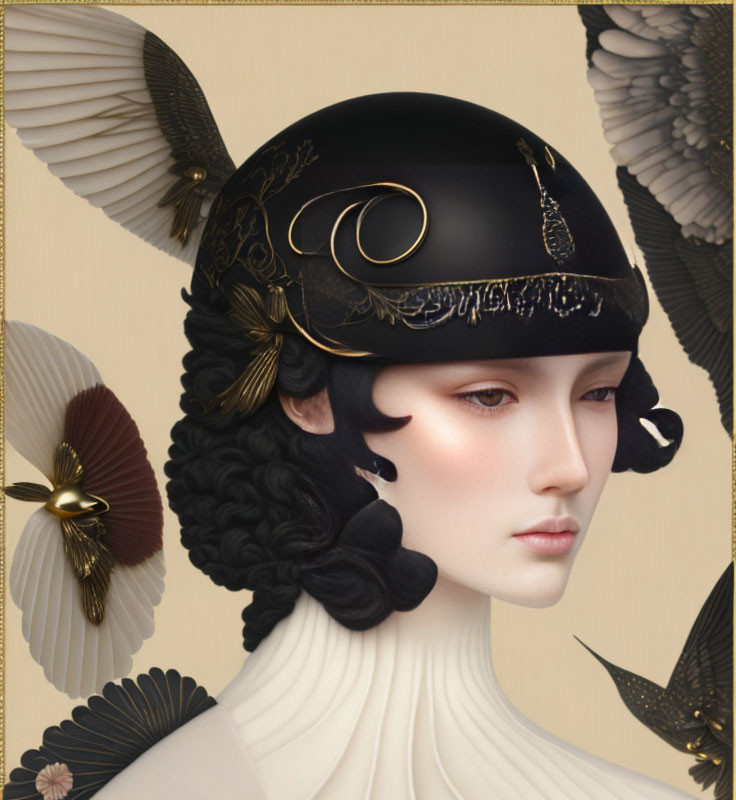 Stylized woman with pale skin and dark hair in ornate black helmet surrounded by golden-winged