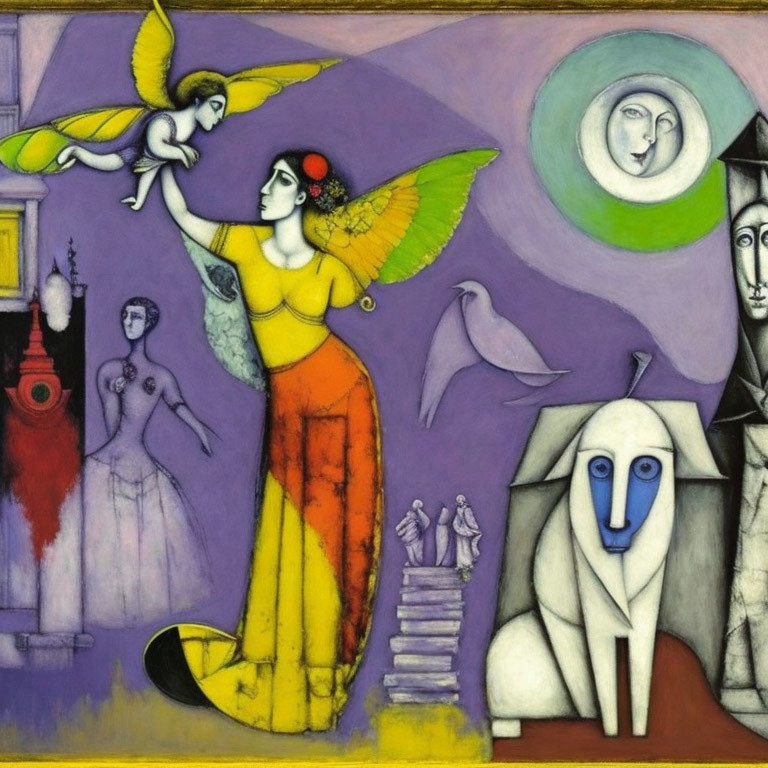 Vibrant painting featuring winged woman, angel, figures, dog, birds, and moon in