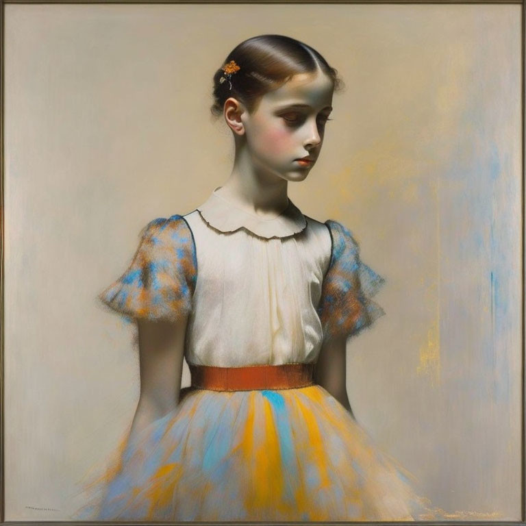 Portrait of young girl in white blouse and colorful skirt with flower in hair.