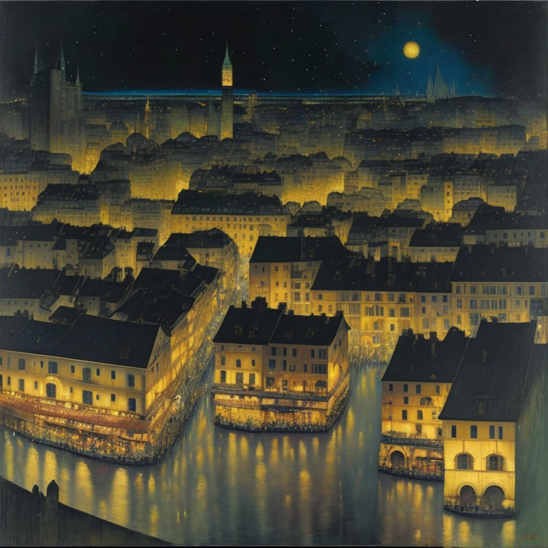 Nocturnal cityscape painting: illuminated buildings, river reflections, starry sky, crescent moon