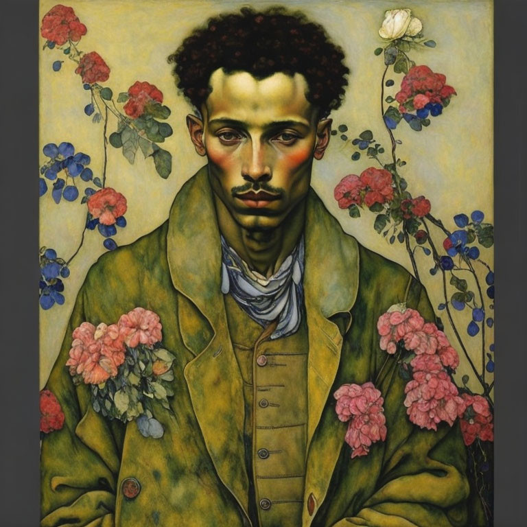 Solemn man surrounded by flowers in a green jacket portrait.