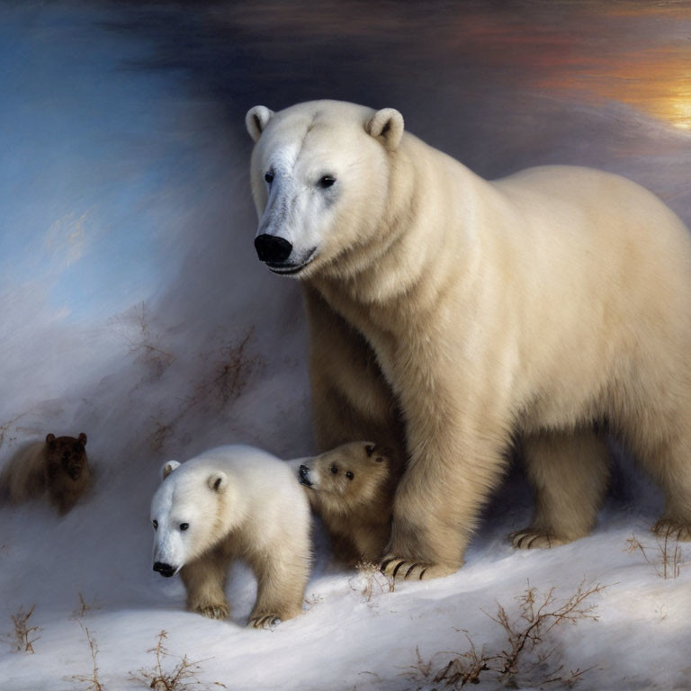 Polar bear with two cubs in snowy landscape with cloudy sky