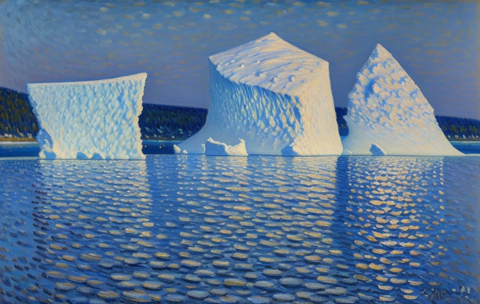 Three Large Icebergs on Rippled Blue Sea at Dusk