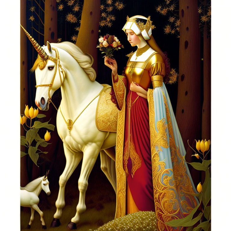 Medieval-style illustration of lady in golden armor with unicorn and starry sky