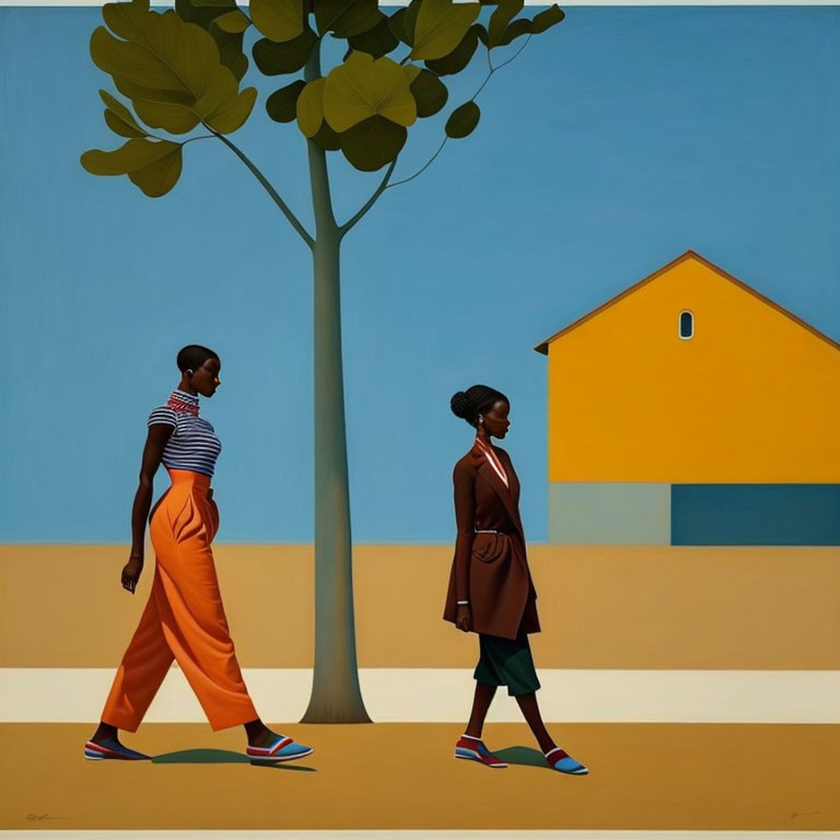 Two stylish women walking in vibrant street with large tree and clear sky