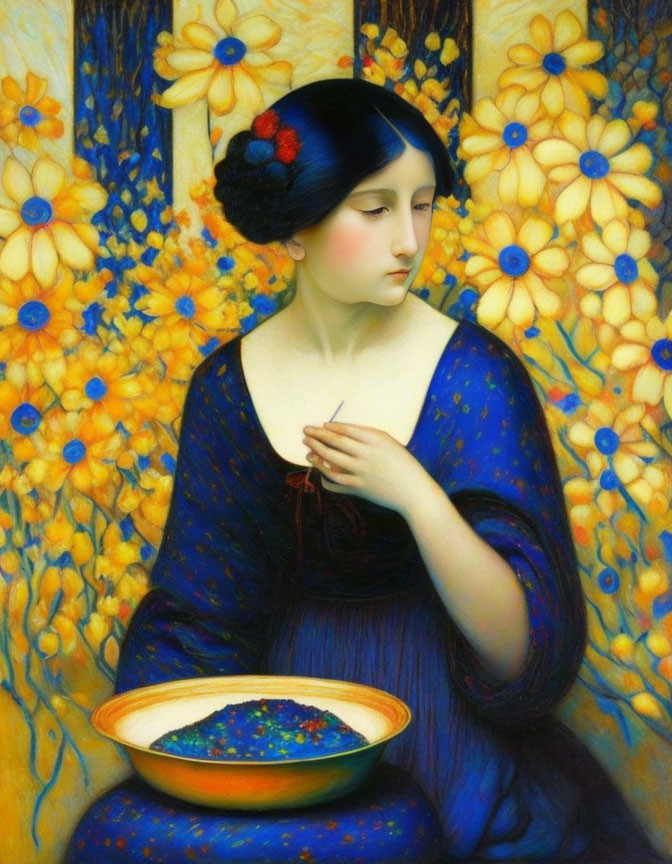 Pensive woman in blue dress with needle and thread amid yellow flowers