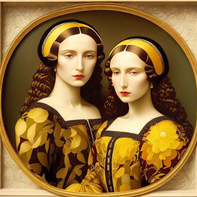 Mirrored female figures in yellow dresses against cream background