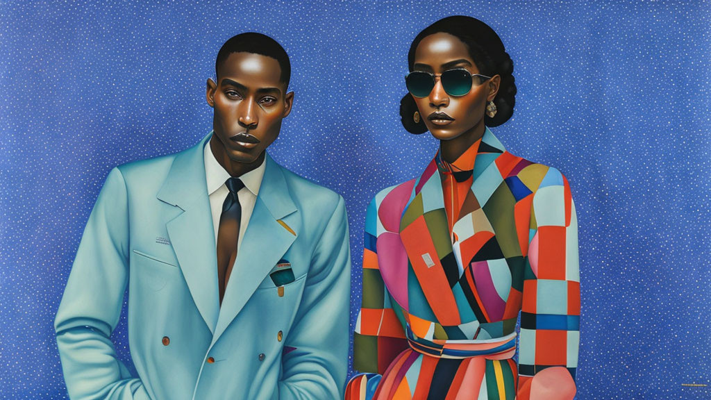 Man and woman in stylish attire against starry background: man in blue suit, woman in colorful outfit