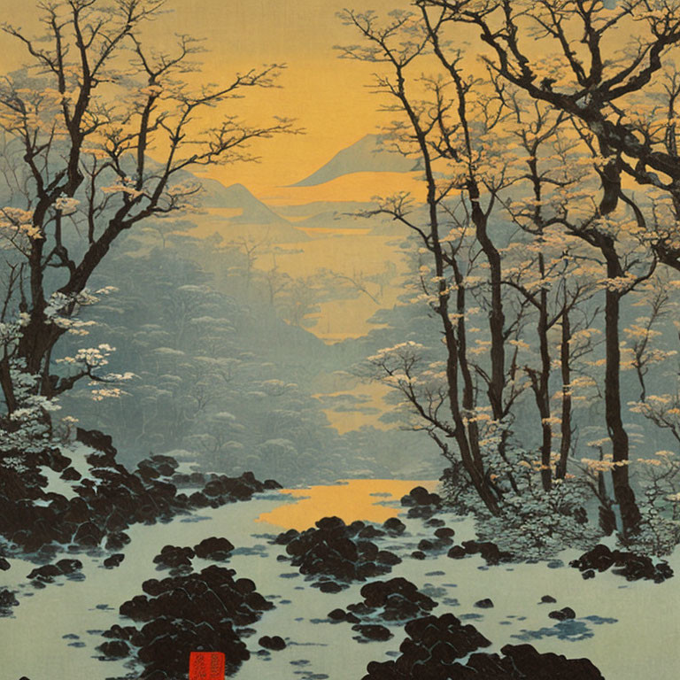 Japanese Woodblock Print: Winter Scene with Snow-Covered Trees, River, Mountains