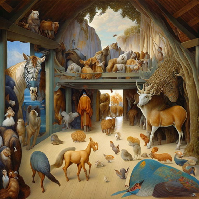 Detailed artwork of animals in wooden ark with man in orange robes