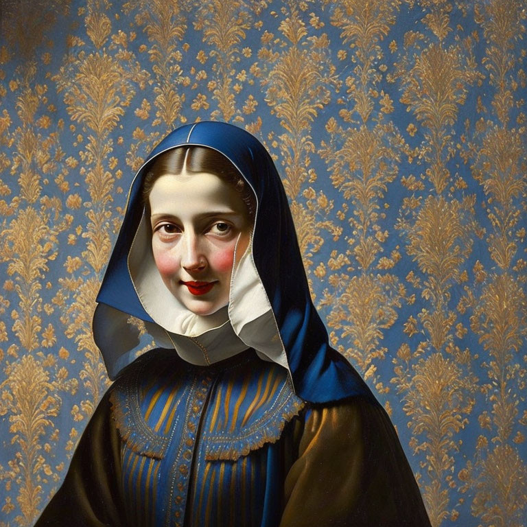 Traditional nun's habit portrait against golden floral background