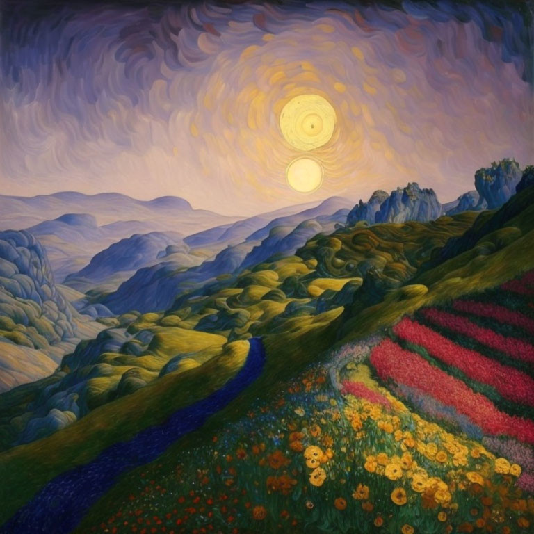 Colorful landscape painting with rolling hills, flowers, blue path, mountains, and swirling sky.