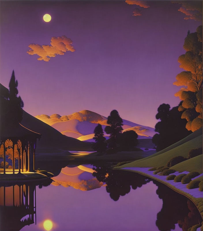 Tranquil Dusk Landscape: Full Moon, Reflective Lake, Pagoda, Purple & Golden