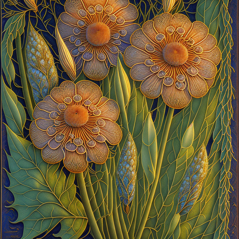 Detailed Golden Flowers Illustration on Dark Blue Background