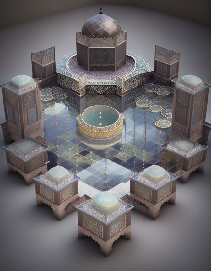 Symmetrical 3D render of ornate structure with central dome and reflecting pool