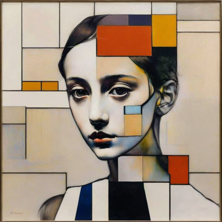 Geometric background painting of a woman with solemn expression