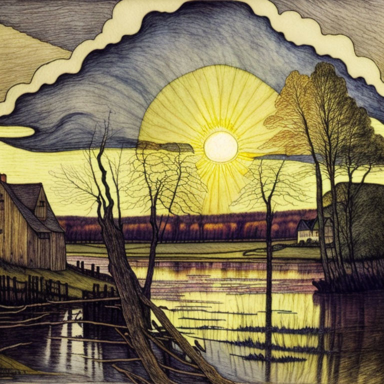 Sunrise illustration: river, bare trees, houses, vibrant sky.