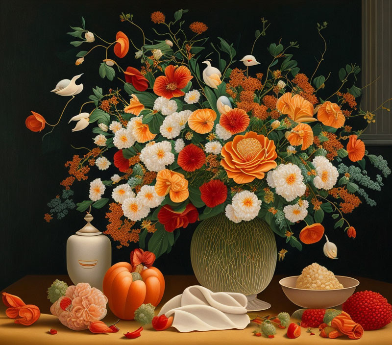 Colorful still-life painting with flowers, pumpkins, and berries on table