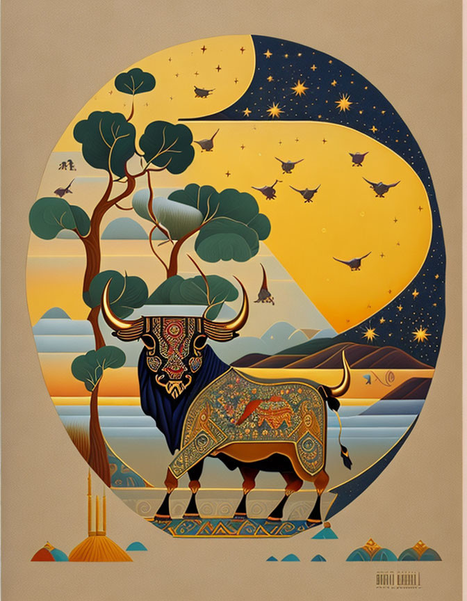 Ornate bull under night sky with stars, geometric patterns, and birds.