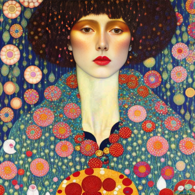 Woman depicted with starry backdrop and colorful, patterned circles reminiscent of Klimt.