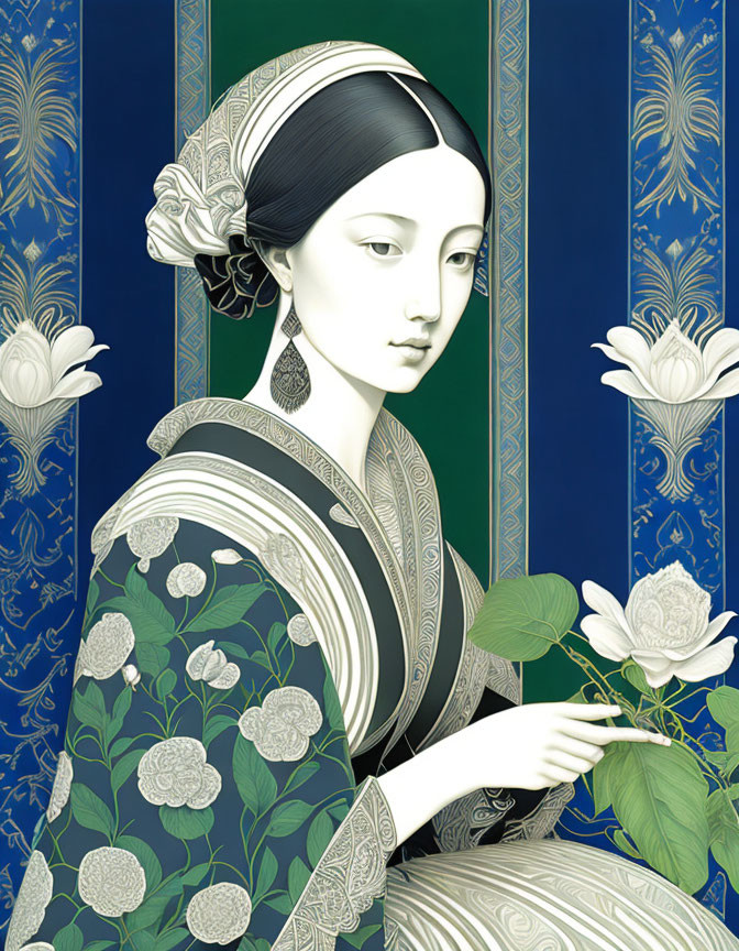 Illustration of woman in headscarf with rose branch on blue background