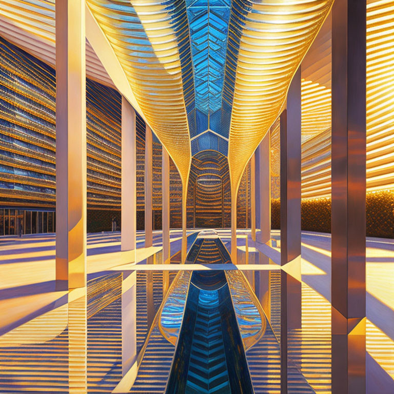 Symmetrical golden arches in futuristic atrium with intricate patterns