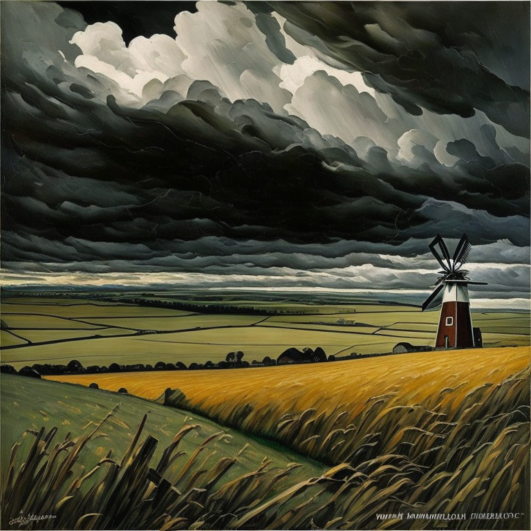 Dramatic sky over countryside with lone windmill