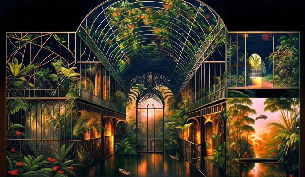 Ornate Glass Greenhouse Painting with Tropical Sunset Vistas