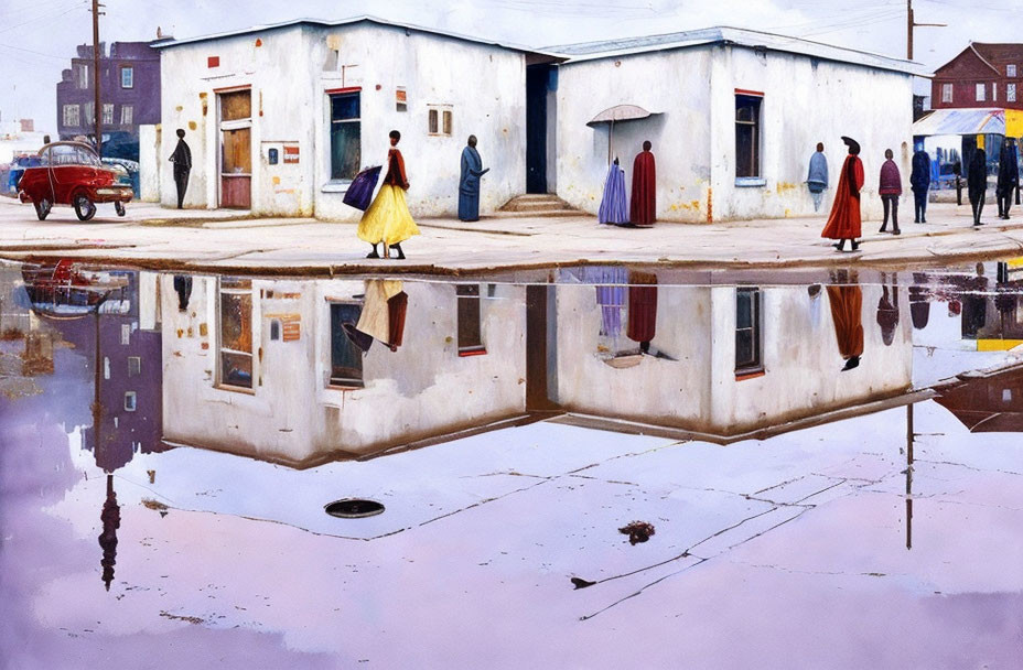 Urban scene painting with people near buildings and reflections in puddle