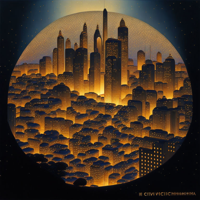 Cityscape at Night: Stylized Artwork of Illuminated Buildings Under Starry Sky