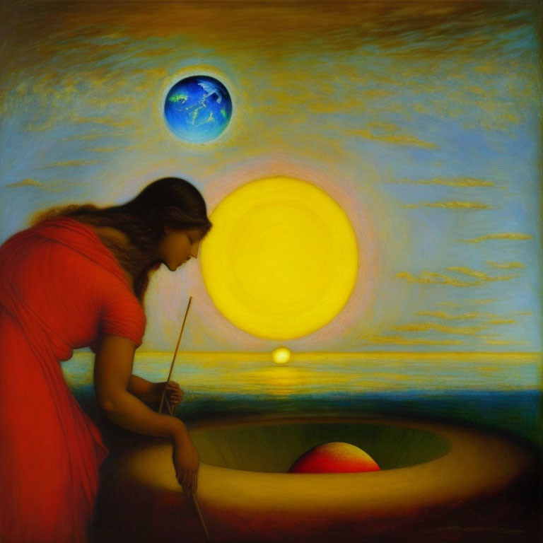 Surreal painting of woman in red reaching towards celestial pool