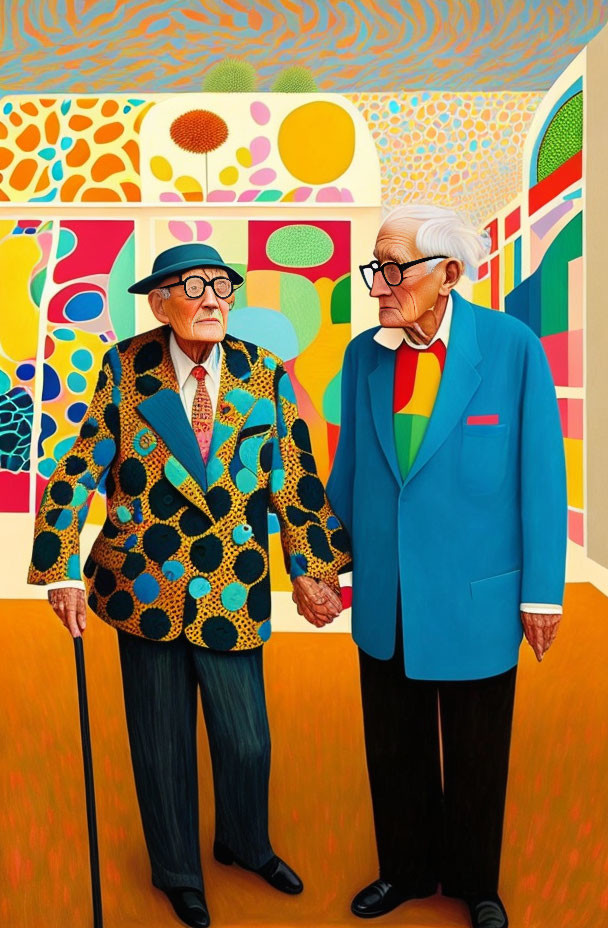 Elderly men in patterned and blue suits against colorful background