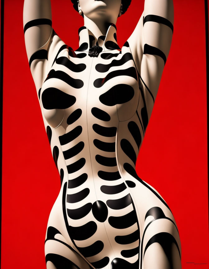 Abstract Figure in Black and White Bodysuit on Red Background