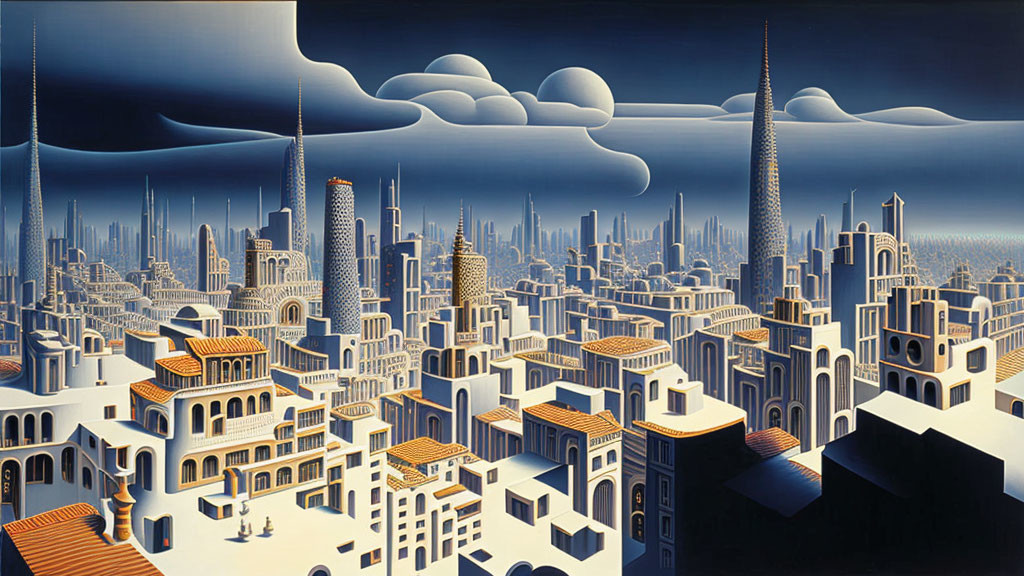 Surreal cityscape painting: white and beige buildings, elongated towers, blue sky.