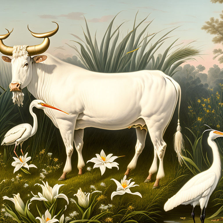 White Bull Painting Surrounded by Greenery, Lilies, and Birds