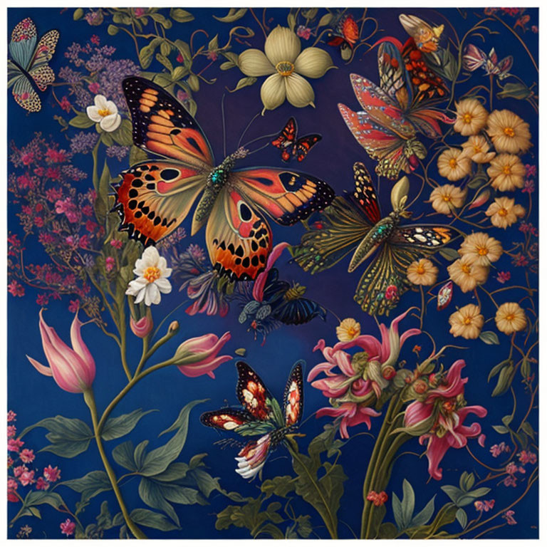 Colorful butterflies and flowers against deep blue backdrop