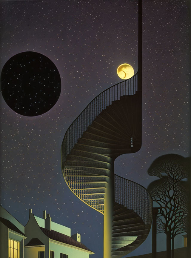 Surreal night scene with spiral staircase to moon, dark sphere, and silhouetted trees