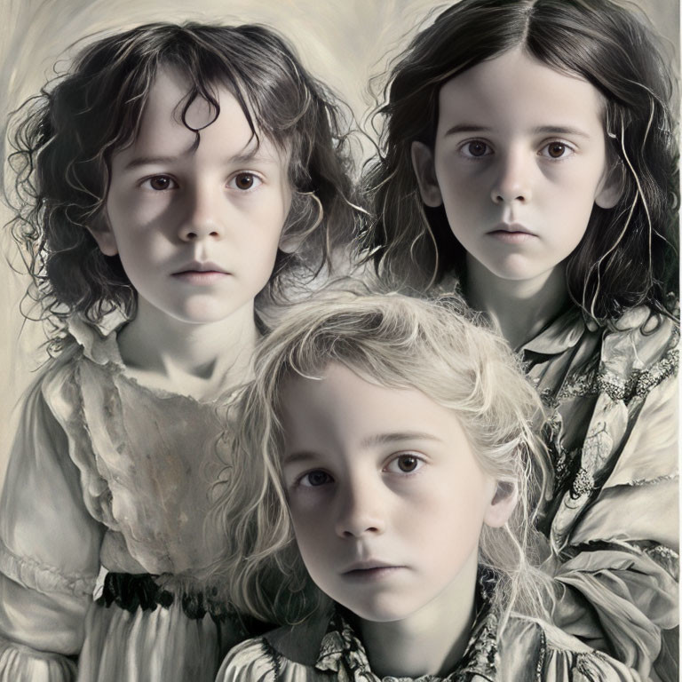 Vintage Style Painting of Three Children in Classic Attire