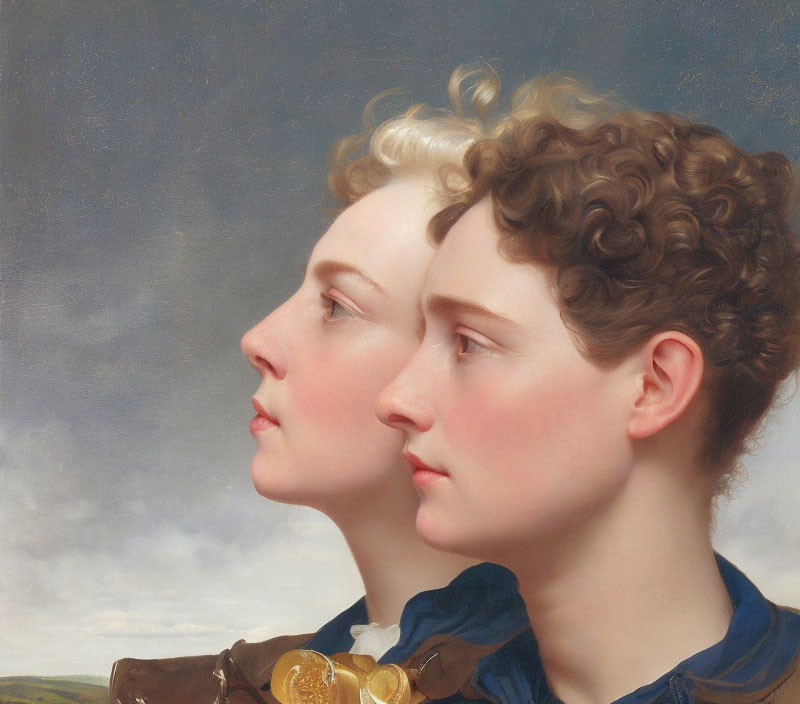 Classic Portrait of Two Women with Detailed Curly Hair in Profile Against Sky