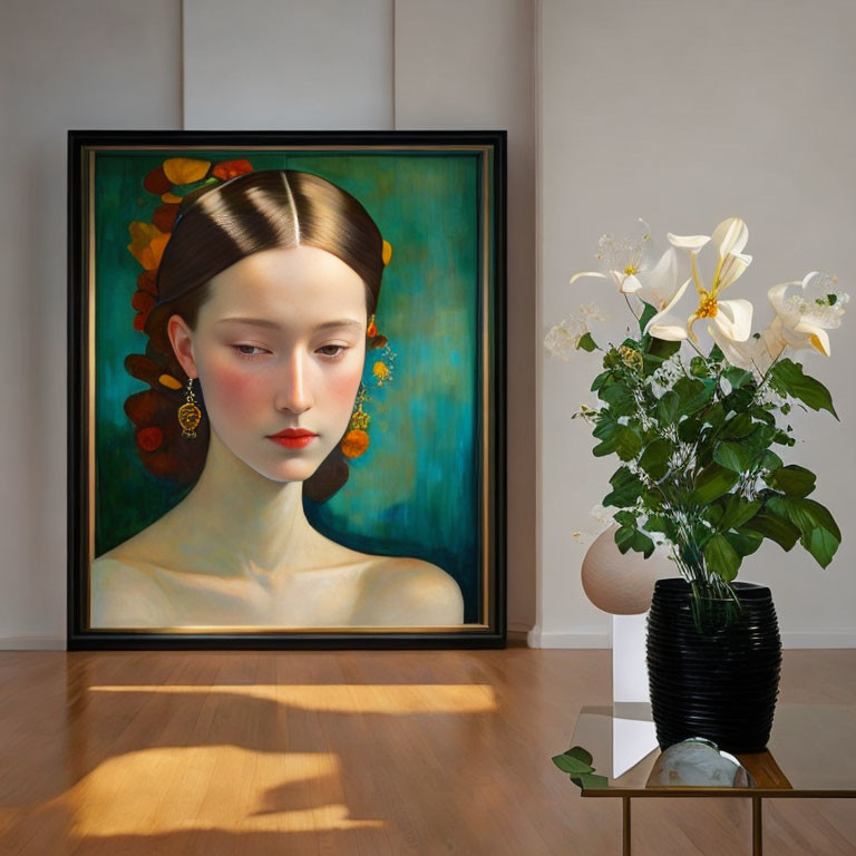 Portrait of woman with auburn leaves beside vase of white lilies