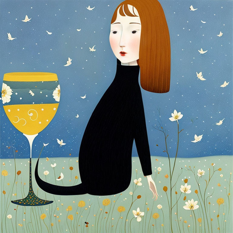 Woman with Mermaid Tail Beside Wine Glass in Flower Field