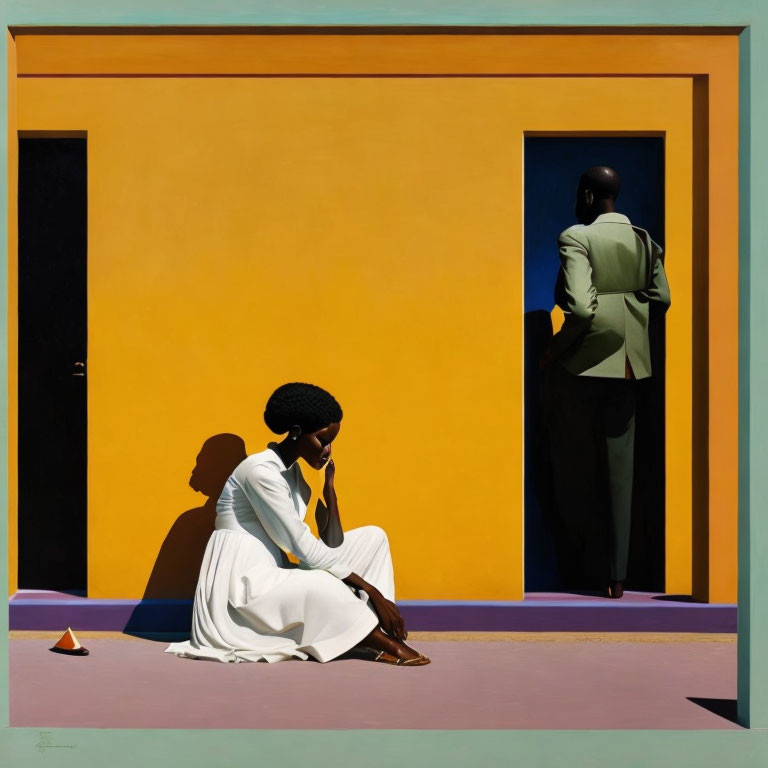 Two people in white against vibrant yellow wall with sharp shadows.