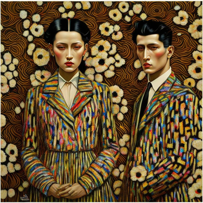 Colorful Striped Suits: Stylized Painting of Two Figures