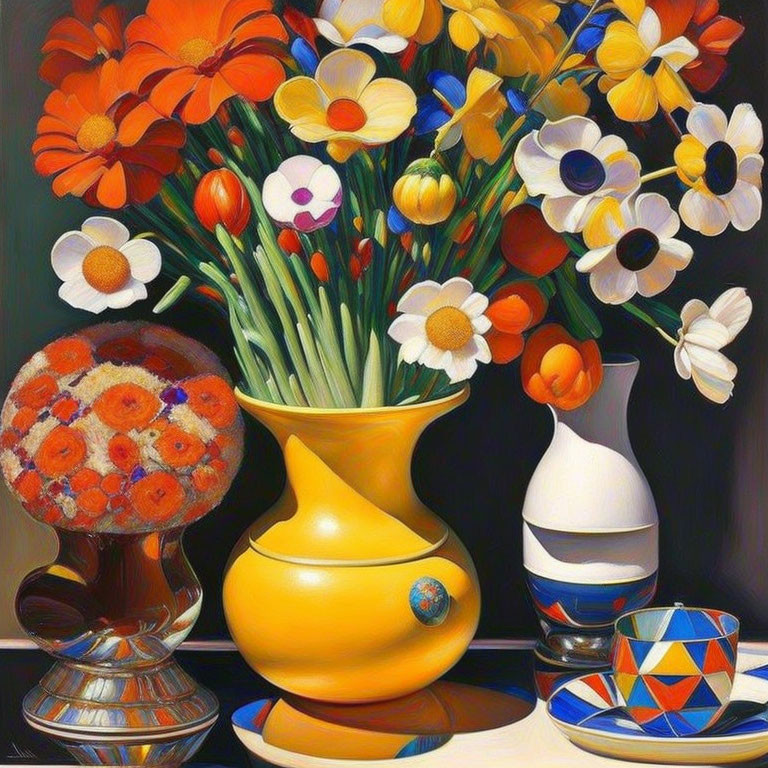 Colorful Still Life Painting with Yellow Vase and Flowers